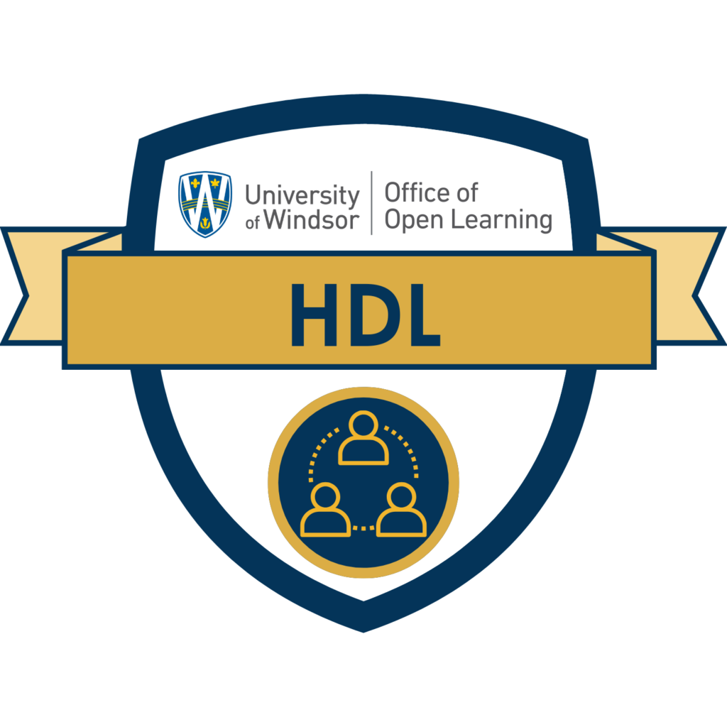 an icon depicting a blue shield with the University of Windsor Office of Open Learning logo, a ribbon reading "HDL" and a small image of connected human shapes