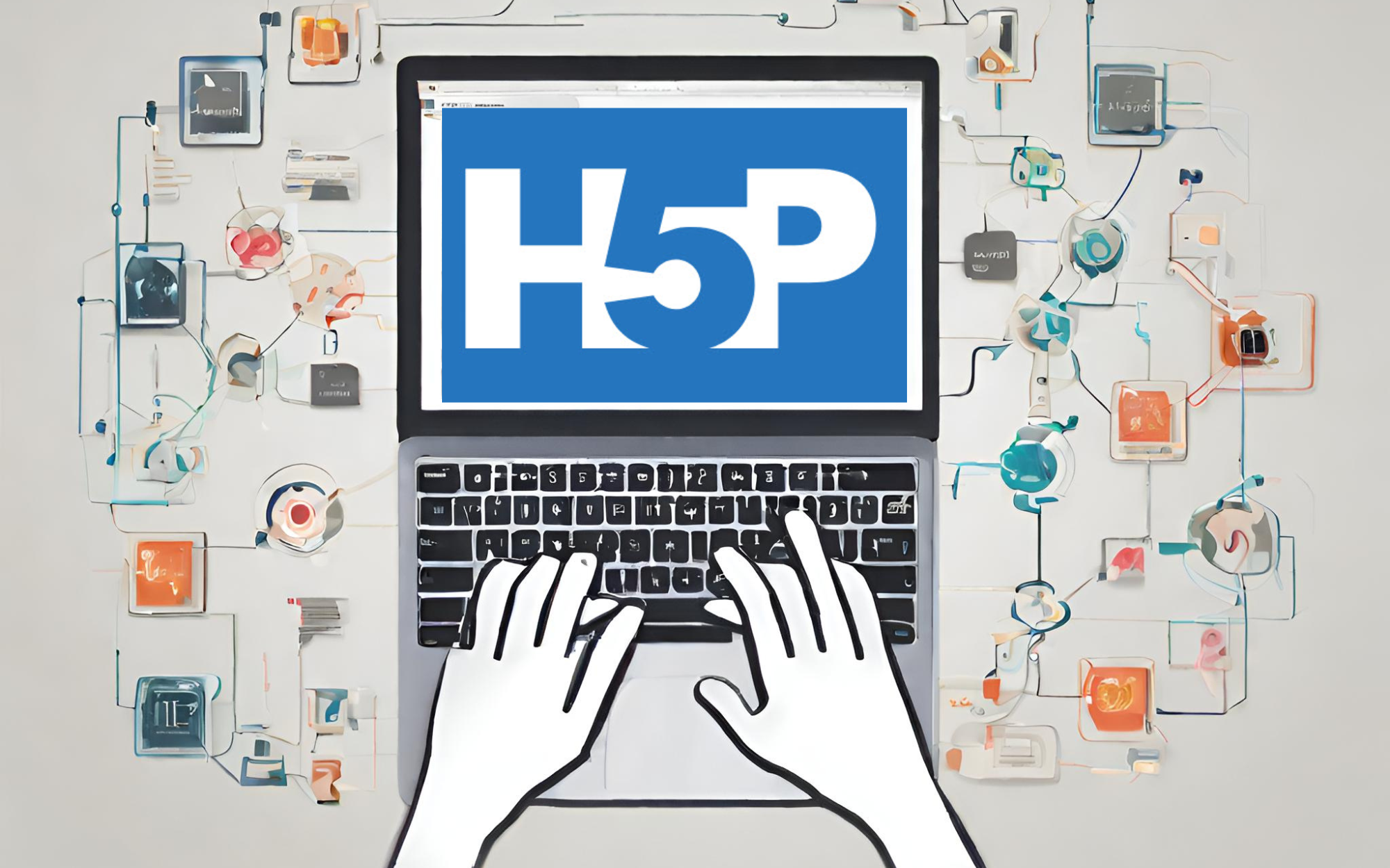 an artistic collage with hands on a laptop keyboard and the H5P logo on the screen - created with Canva Magic Studio