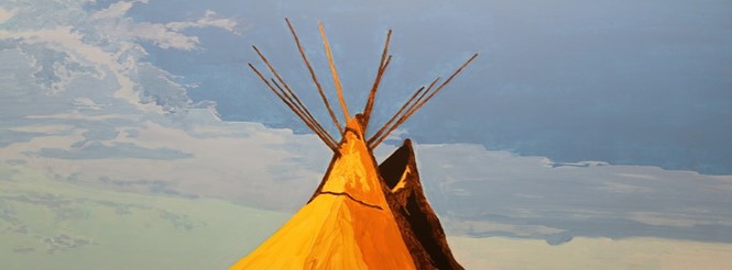 a painting by Russell Nahdee depicts the top of a tipi against a cloudy blue sky