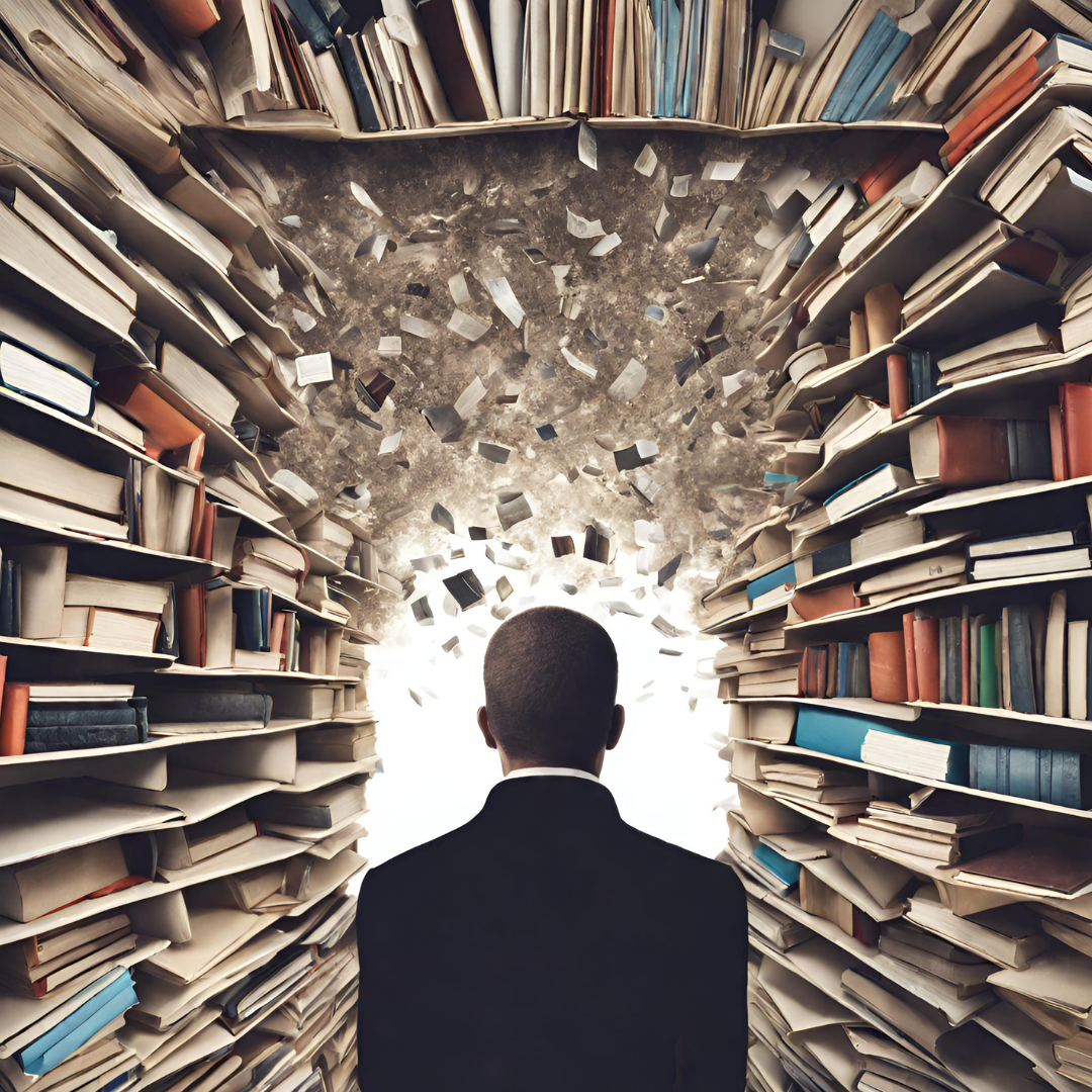 AI generated image of a person standing among shelves of books with paper and books flying everywhere in front of them